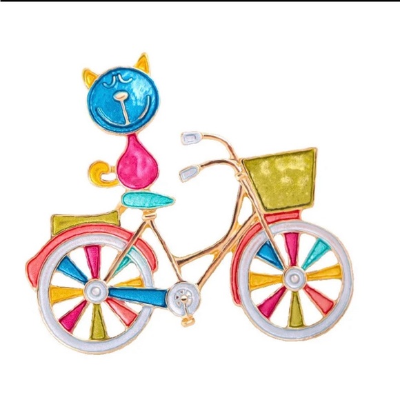 Boutique Jewelry - Colorful Cat on Bicycle Brooch